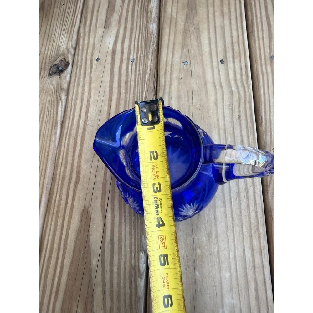 Vintage Bohemian Cobalt Blue Cut To Clear MCM Atomic Starburst Vase Pitcher 5